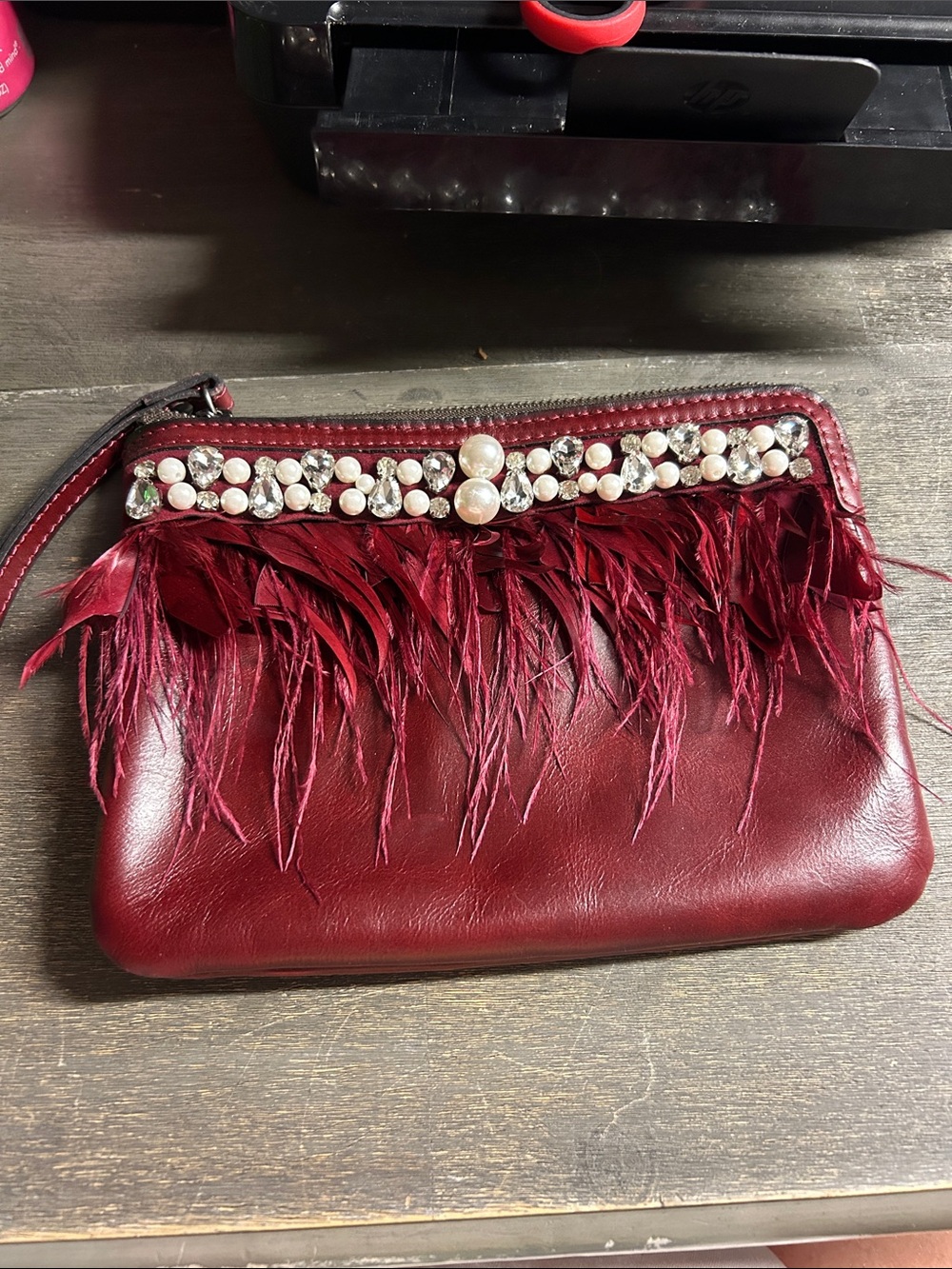 Patricia Nash Red Feather & Pearl Leather Embellished Wristlet Clutch